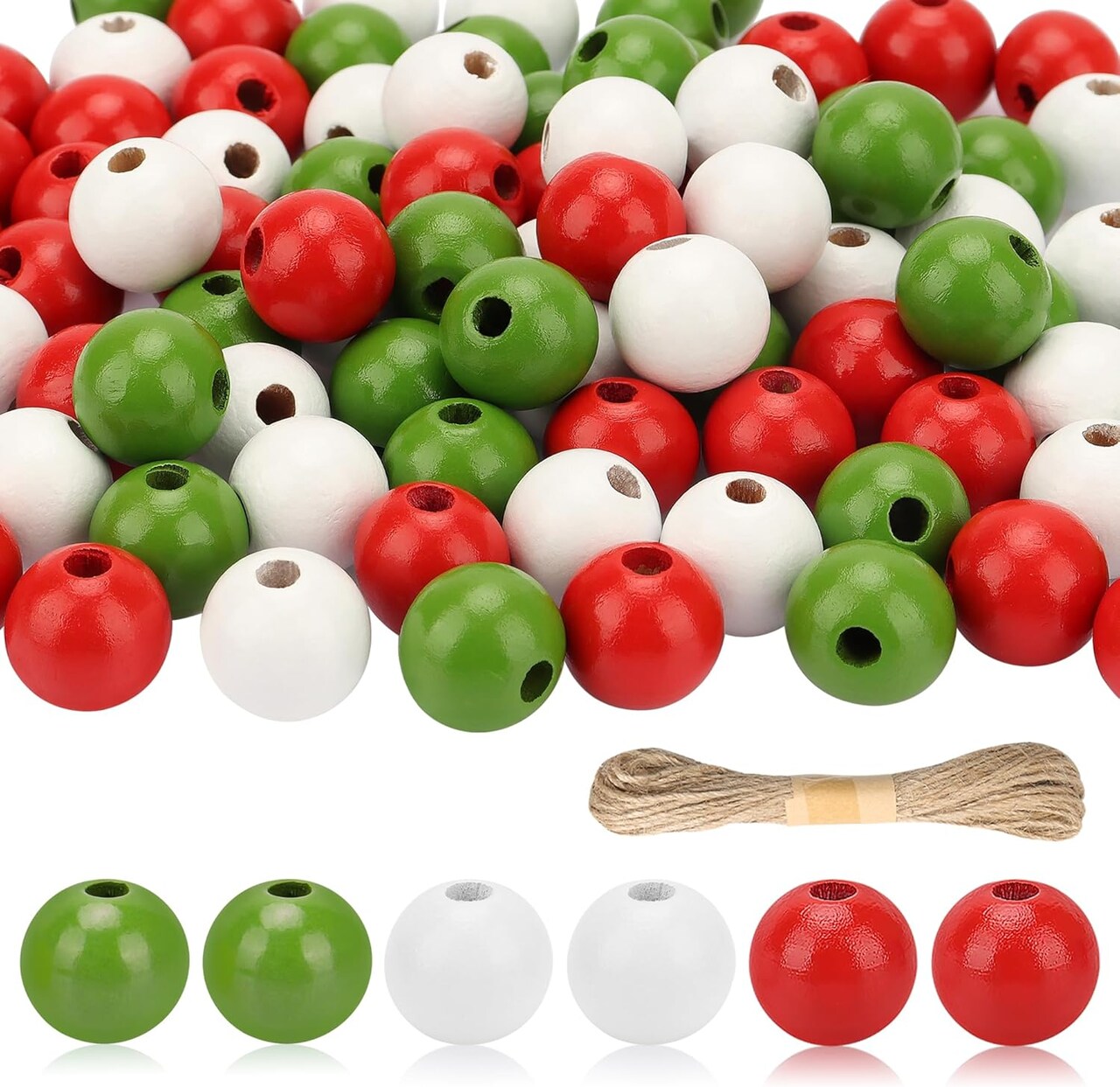 210Pcs Christmas Wooden Bead, Red White Green Wooden Beads DIY Crafts Kits, Christmas Tree Wood Beads Ornaments Xmas Wood Bead with Hemp Rope for Christmas Decor Gifts Party Supplies